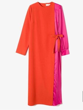 Colorblock Long-Sleeve Midi Dress in Red and Pink size XL